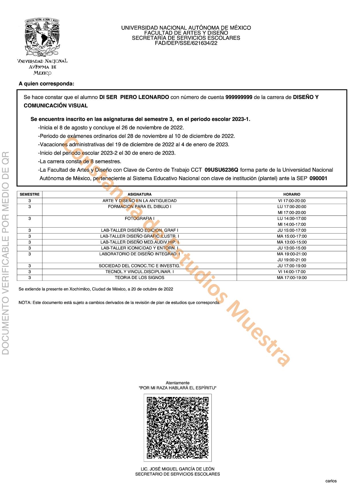 CONSTANCIA DE INSCRIPCIÓN CON HORARIOS