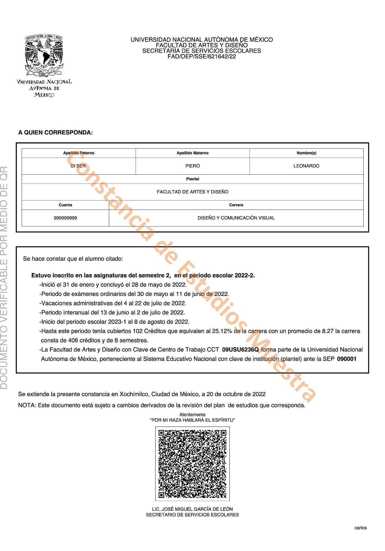 CONSTANCIA DE INSCRIPCIÓN DE UN SEMESTRE ANTERIOR SIN CALIFICACIONES