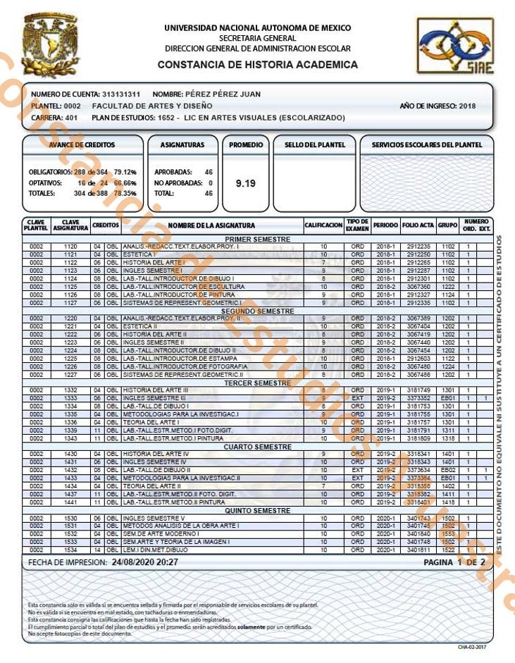 CONSTANCIA DE INSCRIPCIÓN DE SEMESTRE ANTERIOR CON CALIFICACIONES Y PROMEDIO