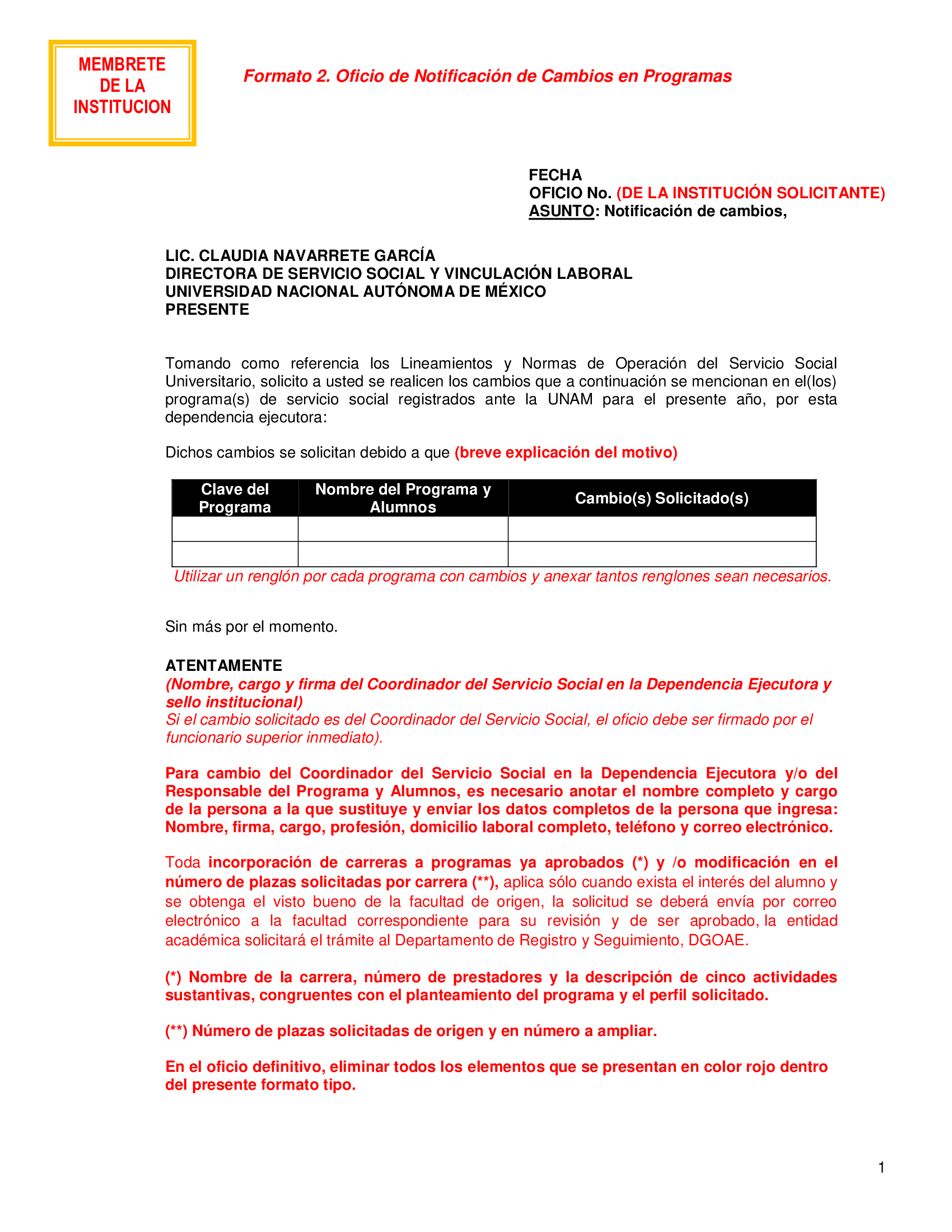 Oficio renovación de programas